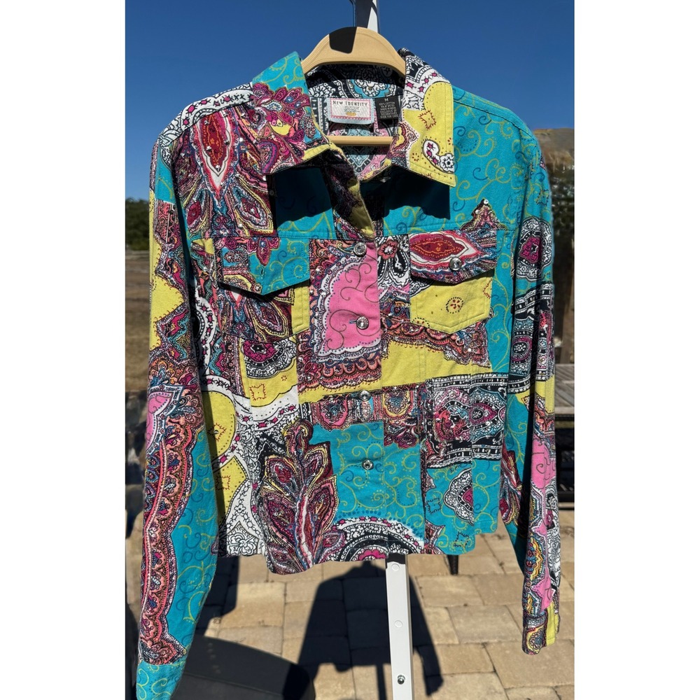 New Identity Patchwork Paisley Studded Crystal Gem Jacket‎ Shirt Women's Medium